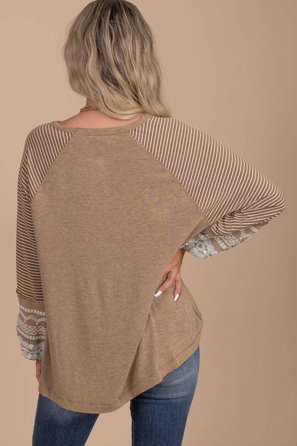 Light French Beige Floral Striped Patchwork Loose Long Sleeve Top: Light French Beige / 65%Polyester+25%Viscose+10%Elastane / XL