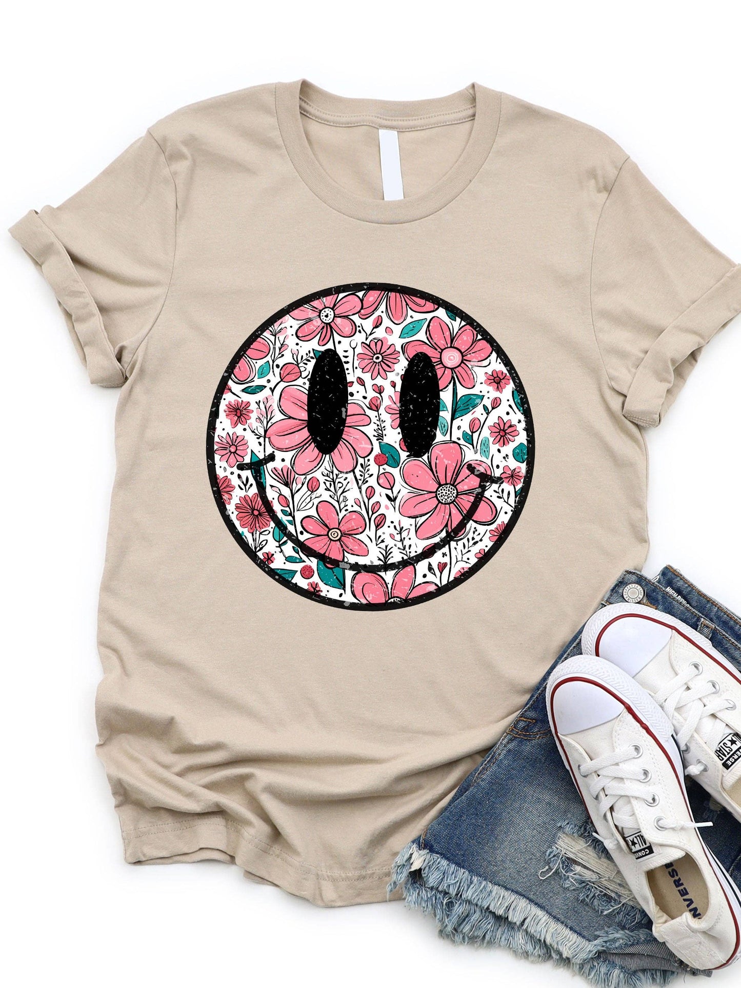Floral Smiley - Graphic Tee: Peach / Small