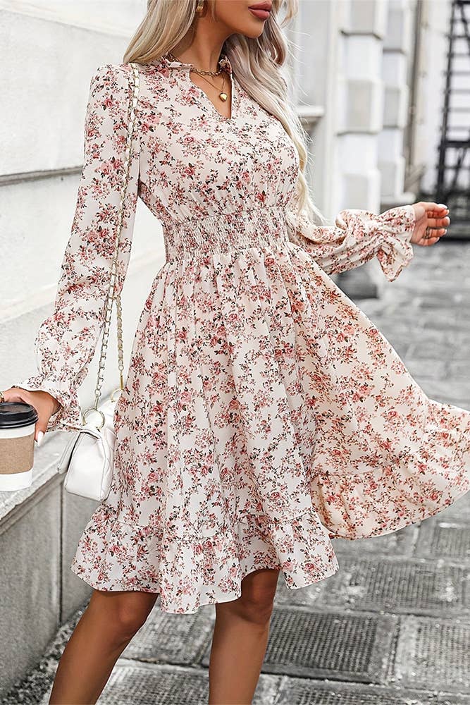 V Neck Long Sleeves Floral Ruffle Dress ZK2300: Multi / XL