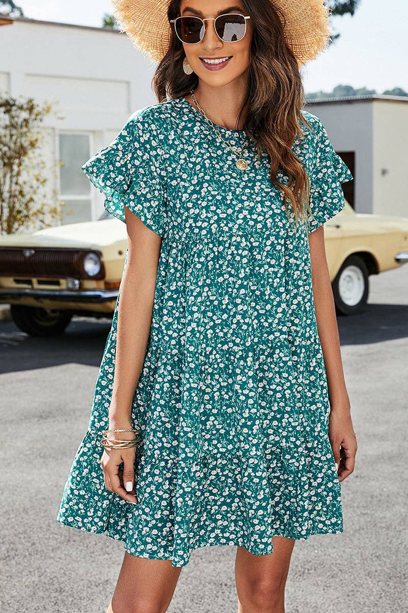 CWDSD1377_MULTI PATTERNED RUFFLE SLEEVE MIDI DRESS: GREEN / (L) 1