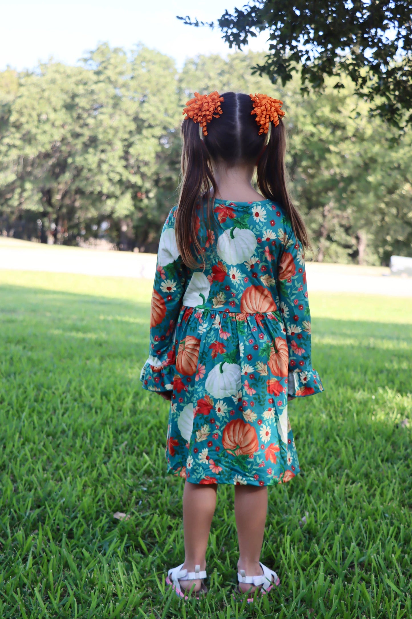 Thanksgiving Day Fall Girls Set Of 2 Pcs In One Package Pumpkin Print Dress: 4-5Y
