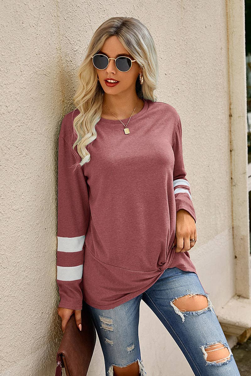 Stripe Twisted Front Long Sleeve Shirt: ORANGE / M