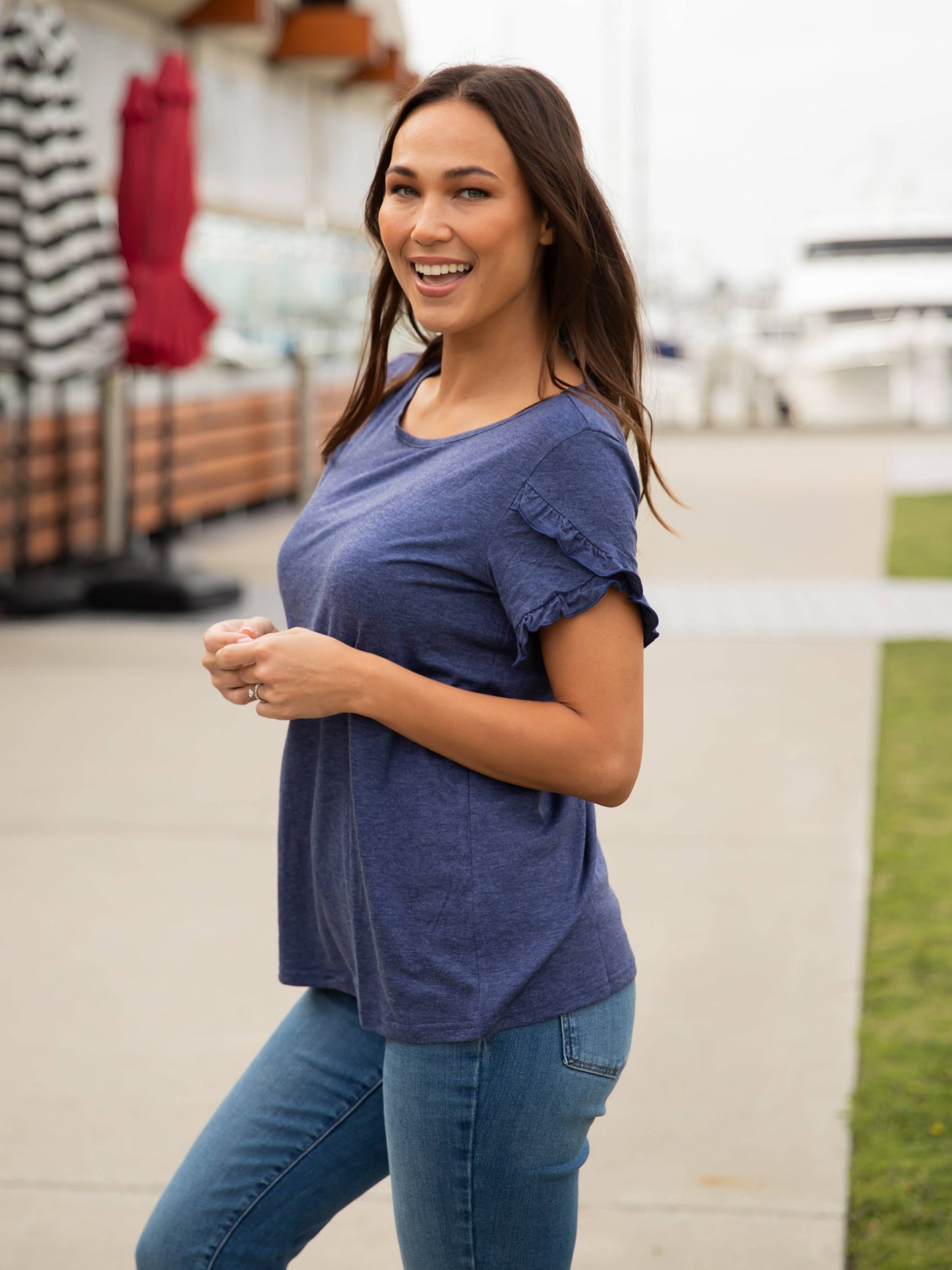 Ruffle Detail Short Sleeve Top: Tan / Medium