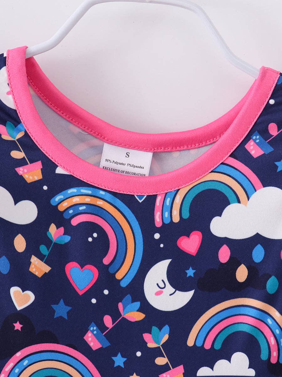 Spring Kids Clothing Blue Rainbow Cloud Ruffle Girl Dress: 3Y