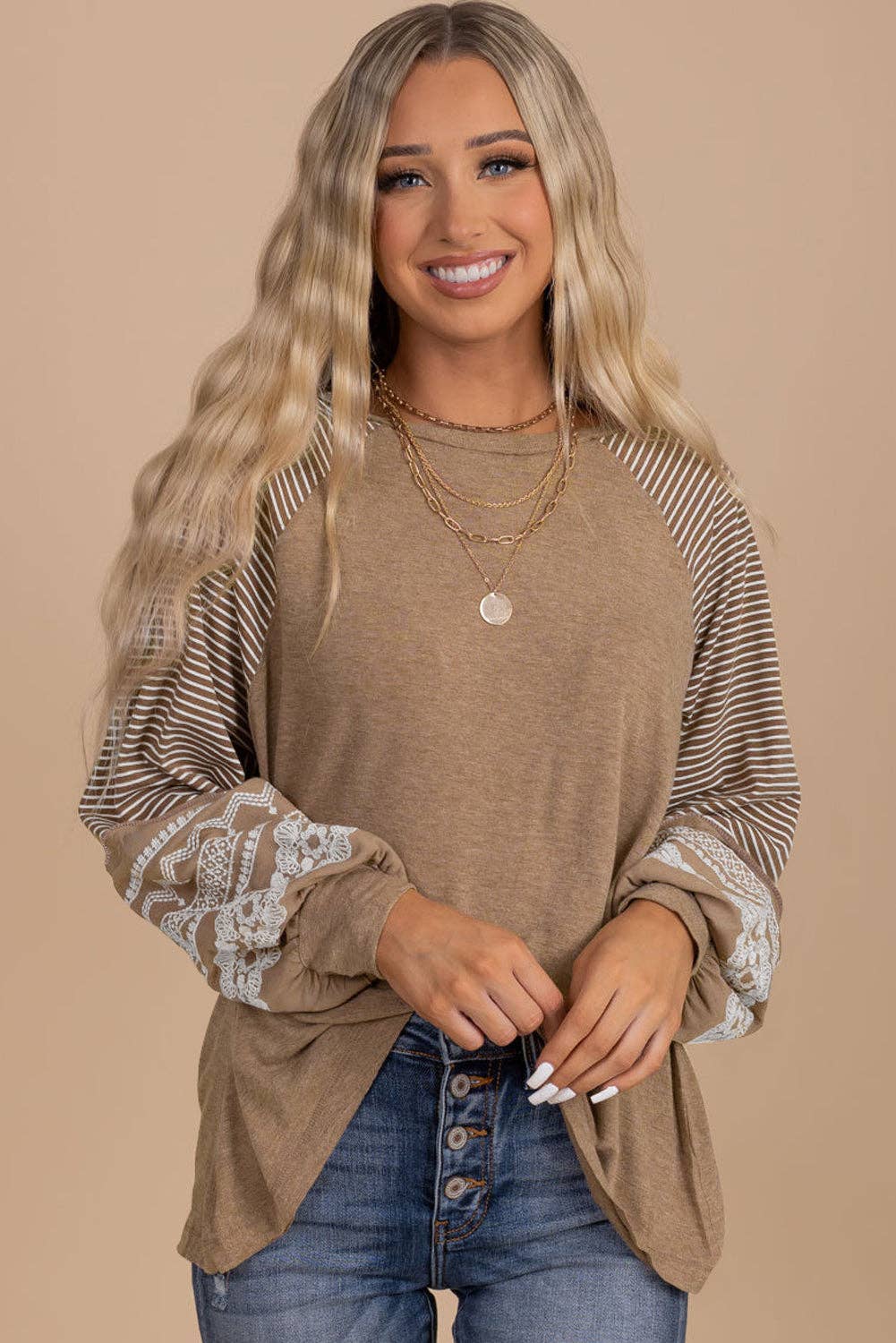 Light French Beige Floral Striped Patchwork Loose Long Sleeve Top: Light French Beige / 65%Polyester+25%Viscose+10%Elastane / L
