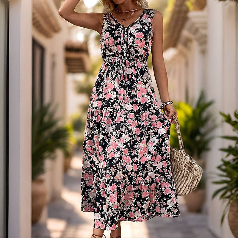 V-neck printed high waist waist long swing dress: WHITE1 / (XL) 1
