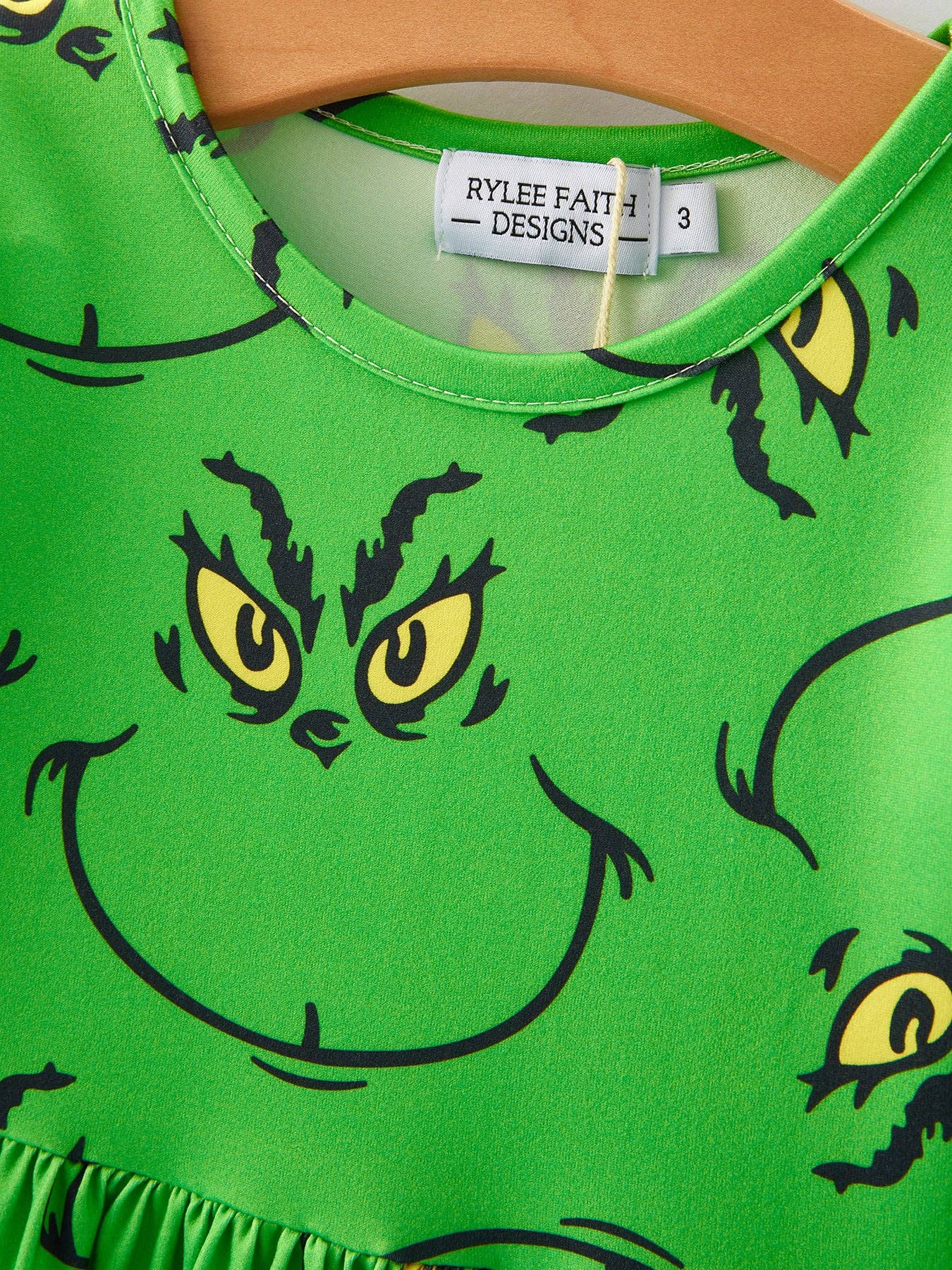 Christmas Green Cartoon Characters Print Girls Dress: 5