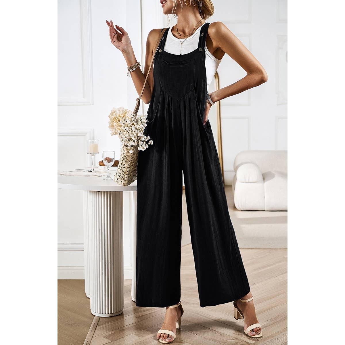 Button Detail Wide Leg Overall Pockets Jumpsuit: Rust / S