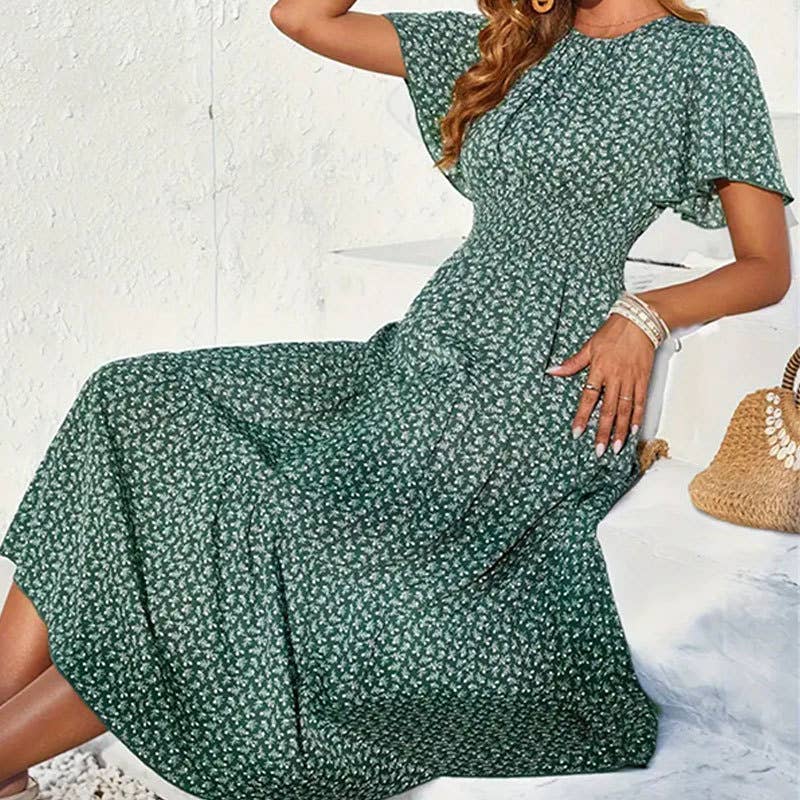Floral dress with lotus sleeves: Green / (S) 1