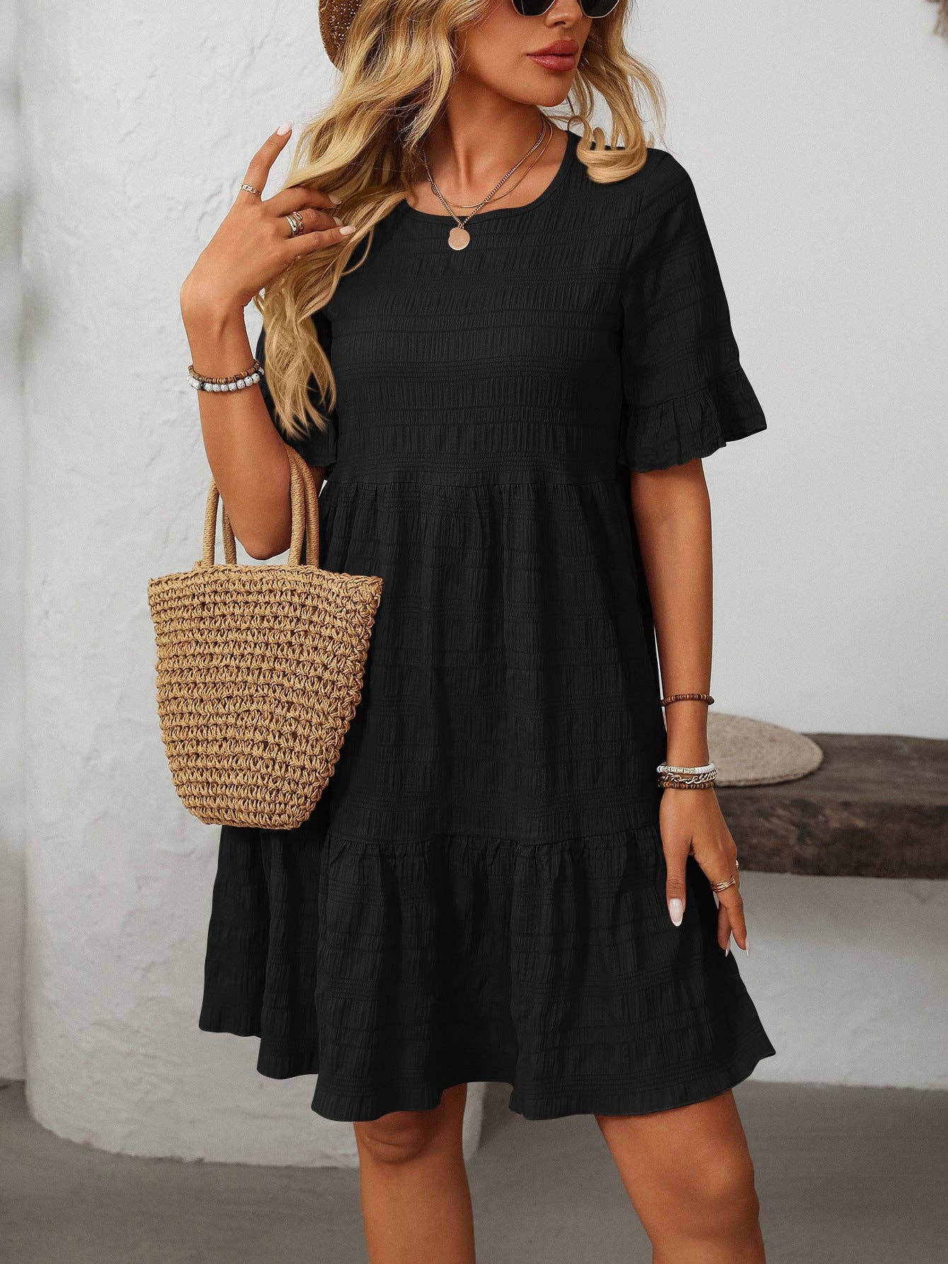 Women Ruffle Sleeve A Line Tiered Flowy Casual Trendy Mini Dress: Bean paste powder / 100% Polyester / XL
