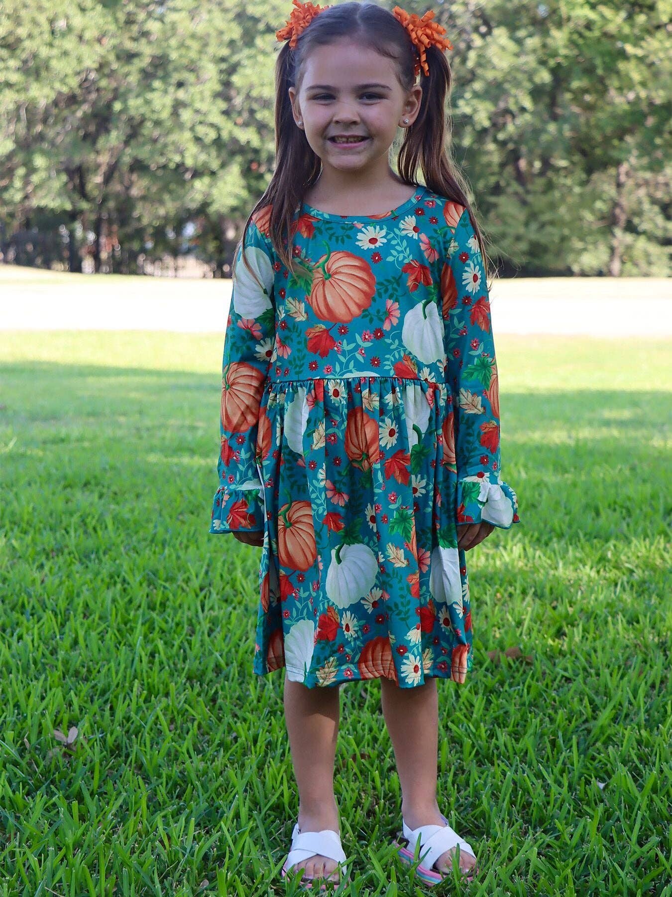 Thanksgiving Day Fall Girls Set Of 2 Pcs In One Package Pumpkin Print Dress: 4-5Y