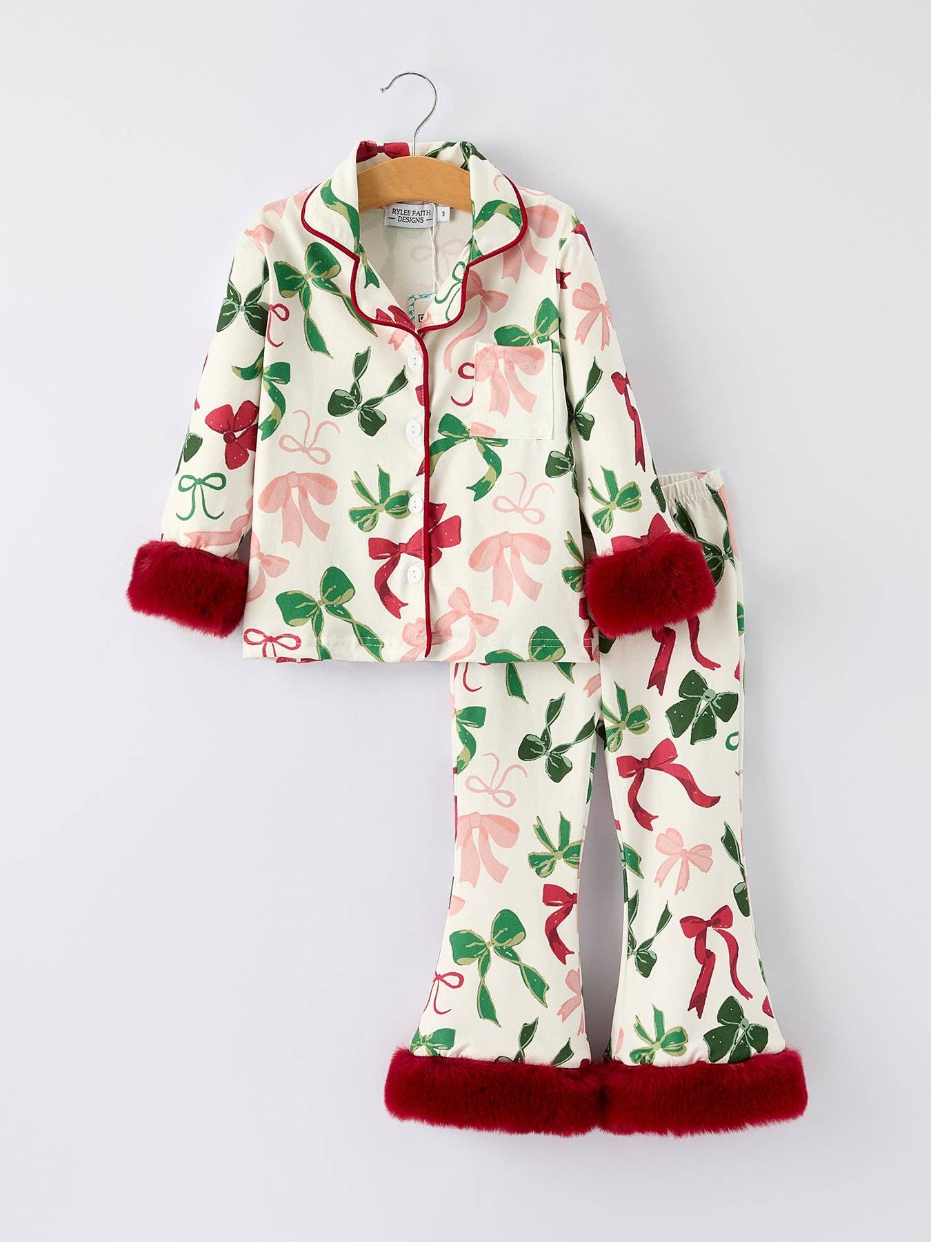 Holiday Bow Print Christmas Pajama Set – Girls Cozy Red Trim Sleepwear: 3