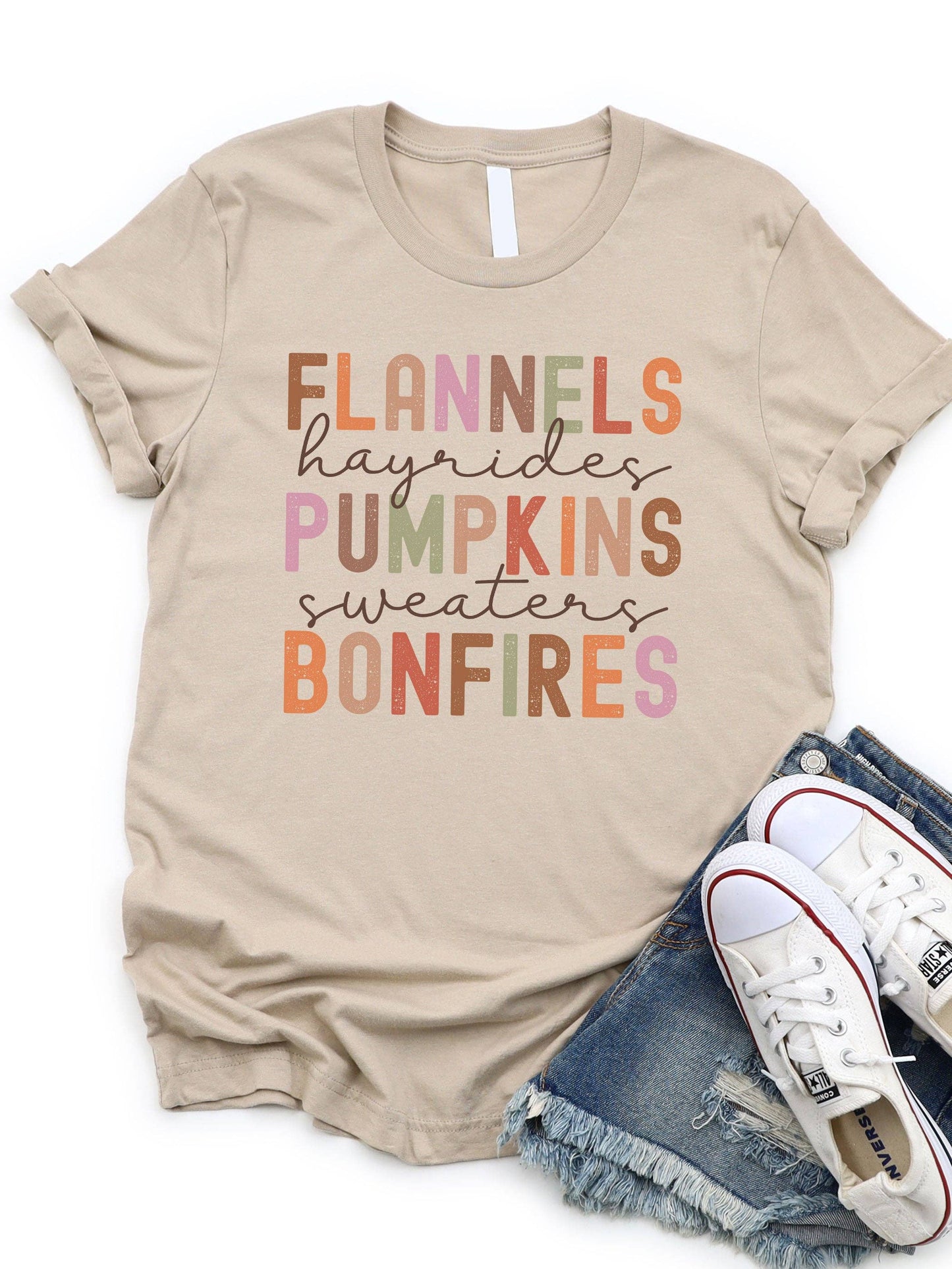 Flannels Pumpkin Bonfires Fall Things Graphic Tee: Peach / XL