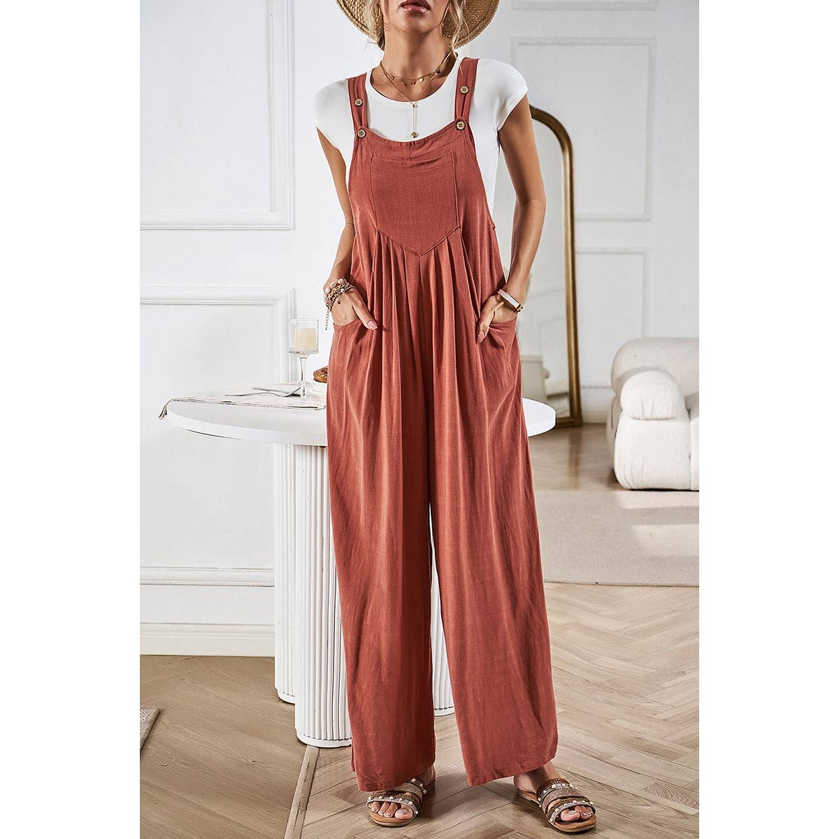Button Detail Wide Leg Overall Pockets Jumpsuit: Rust / S