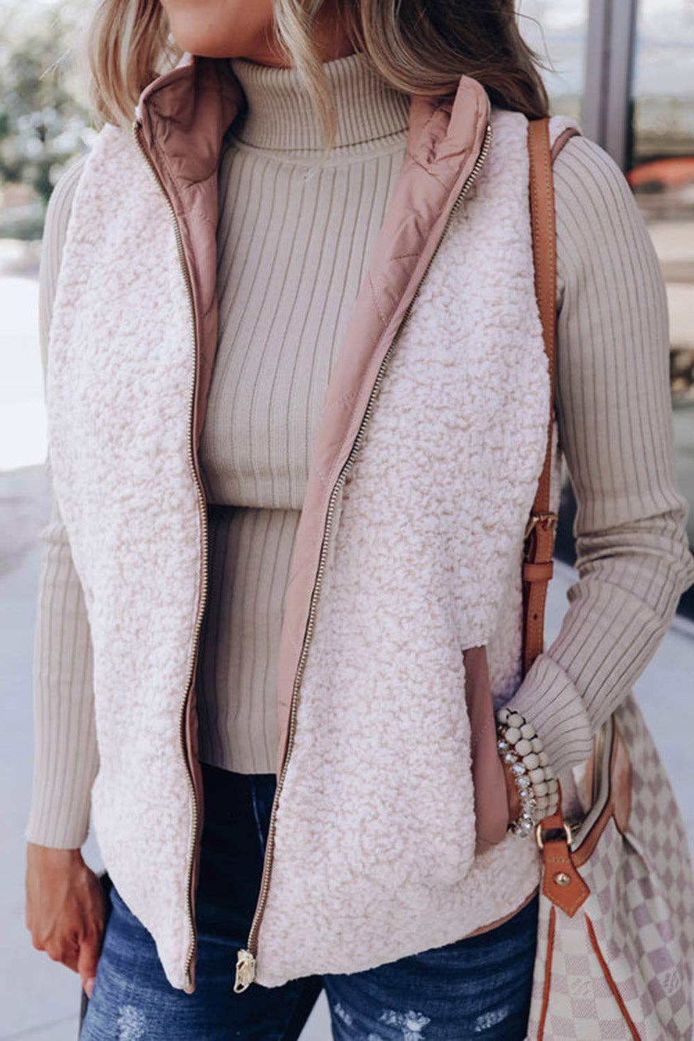 Pink Fleece Lined Quilted Vest Coats: Pink / 100%Polyester / S