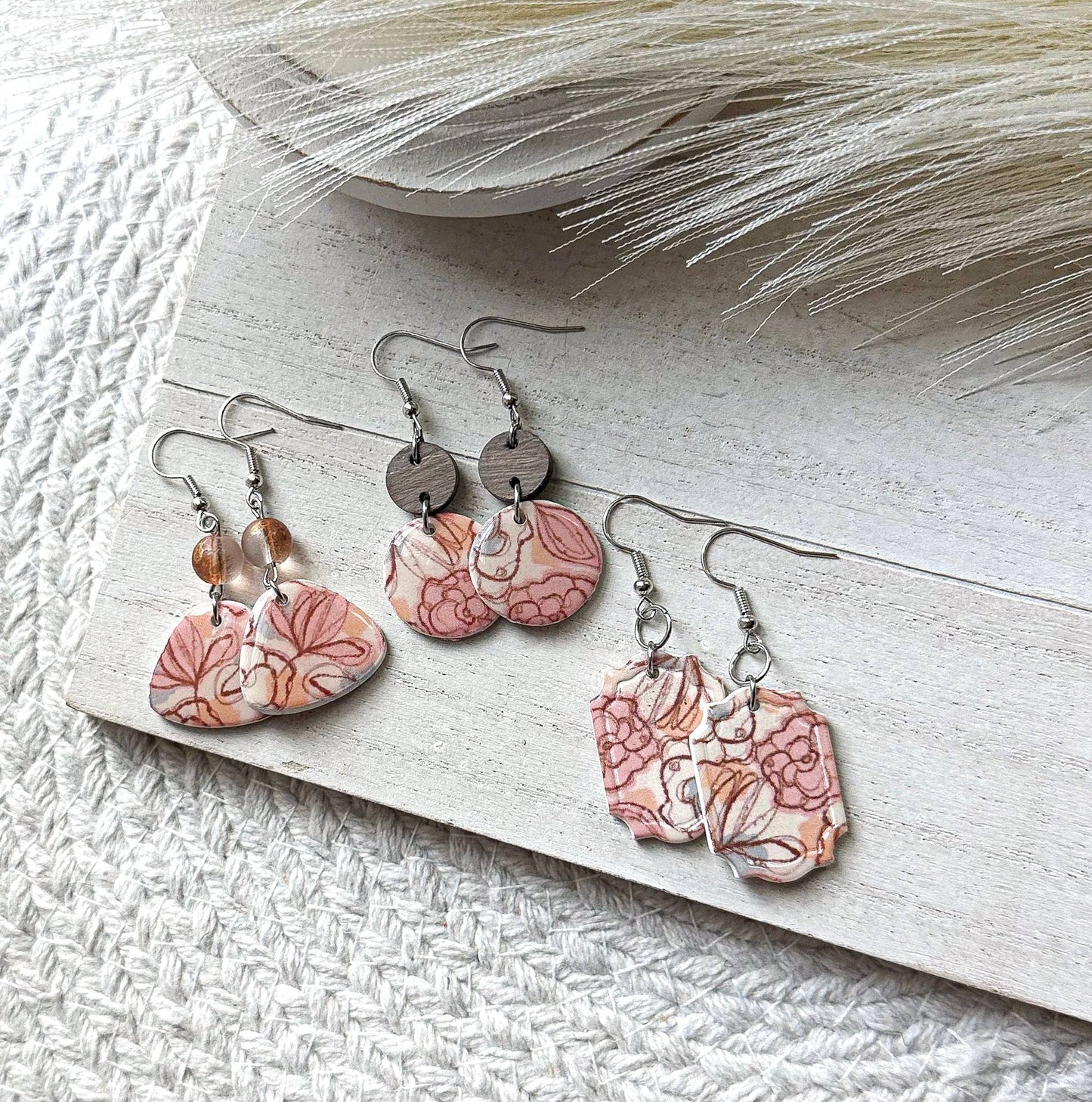 Polymer Clay Earrings - Flower Print: Wide Triangle