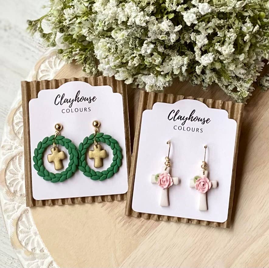 Cross Clay Earrings : Cross with Flower