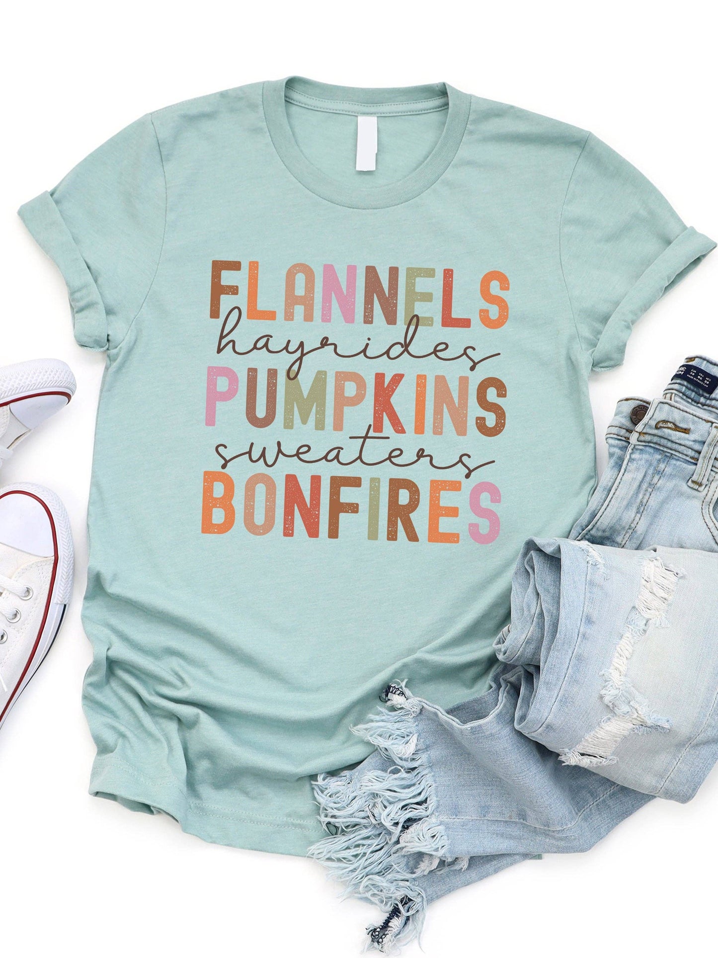Flannels Pumpkin Bonfires Fall Things Graphic Tee: Peach / Medium