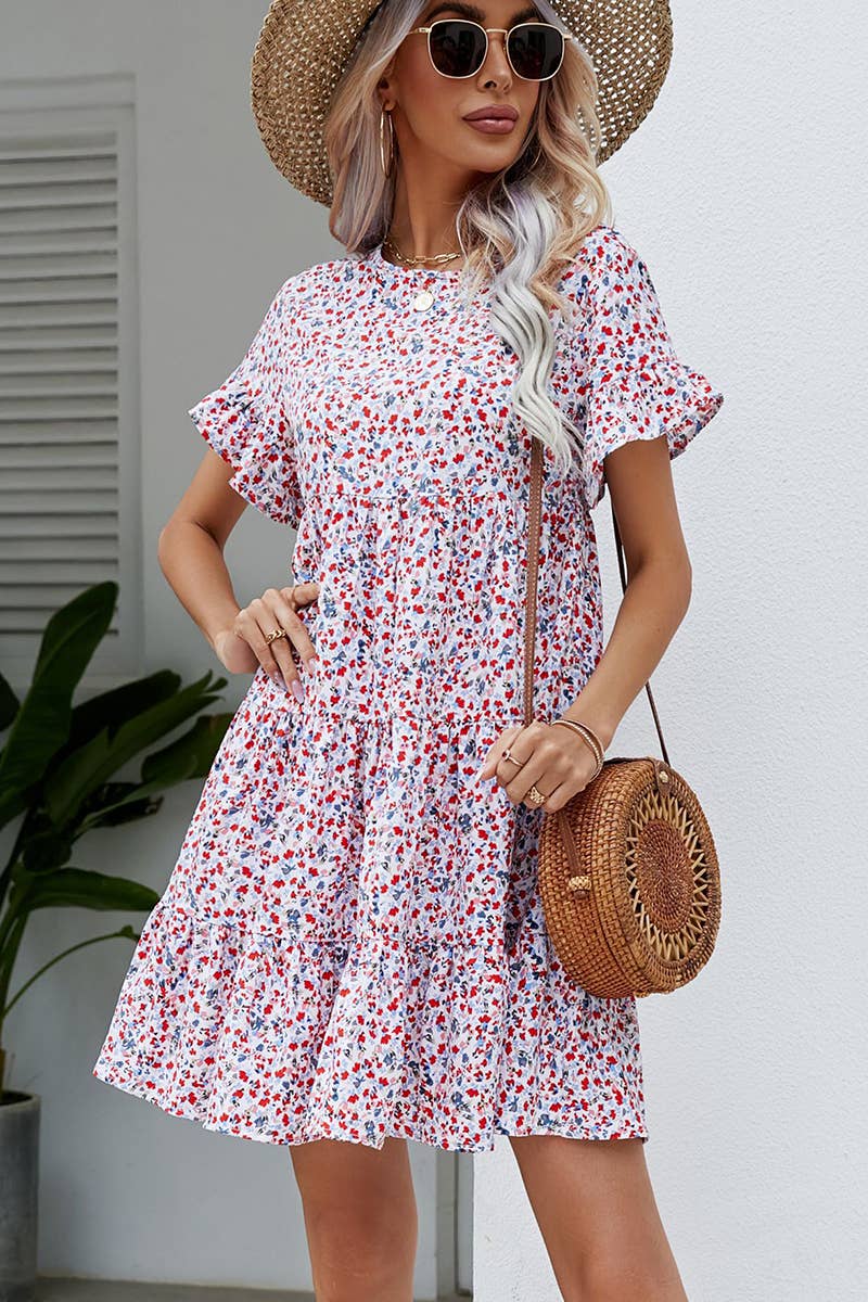 CWDSD1377_MULTI PATTERNED RUFFLE SLEEVE MIDI DRESS: GREEN / (L) 1