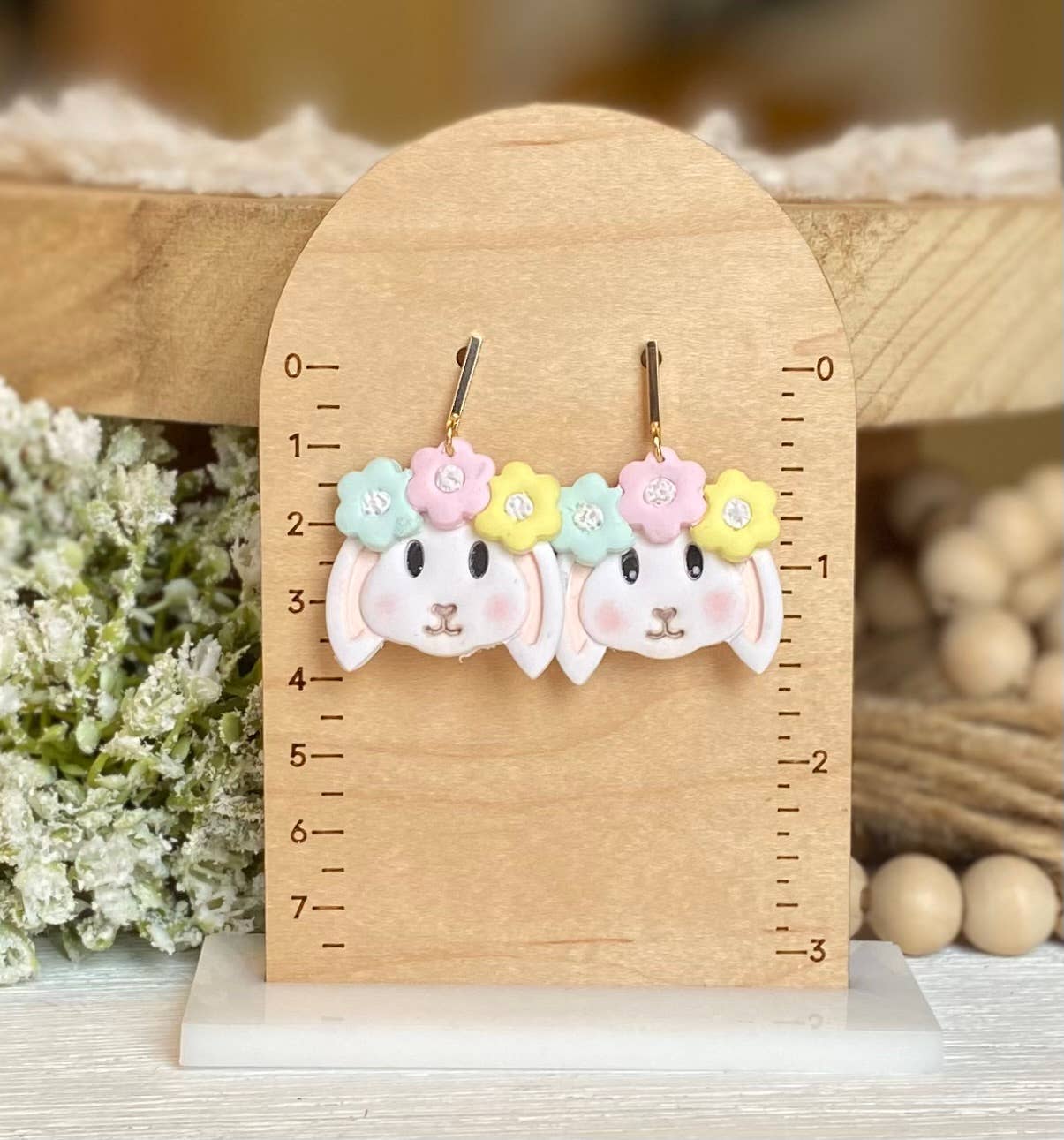 Easter Spring Earrings : Bunny with Flowers
