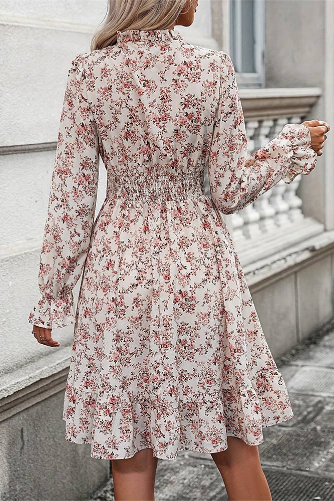 V Neck Long Sleeves Floral Ruffle Dress ZK2300: Multi / XL