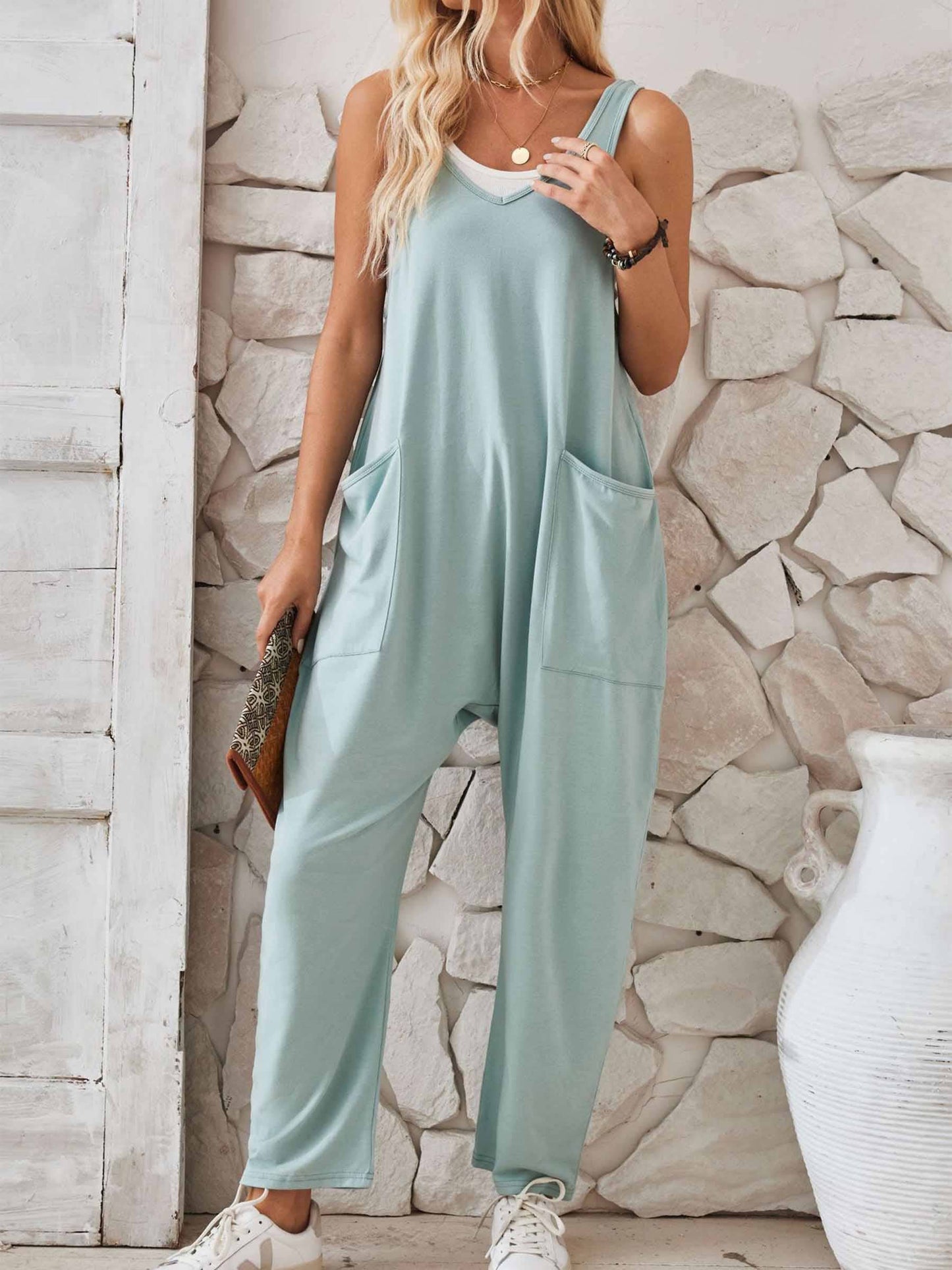 Pocket Sleeveless Knit Jumpsuit Pants: Gray / S
