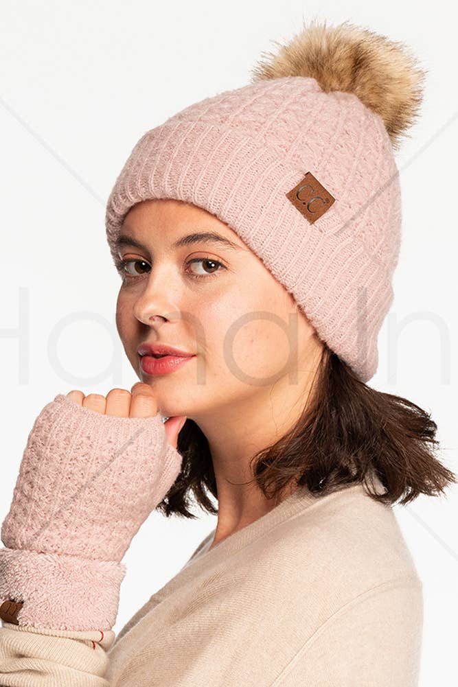 C.C Smocking Stitch Pattern Cuff Beanie with Pom Winter Hat: Beige