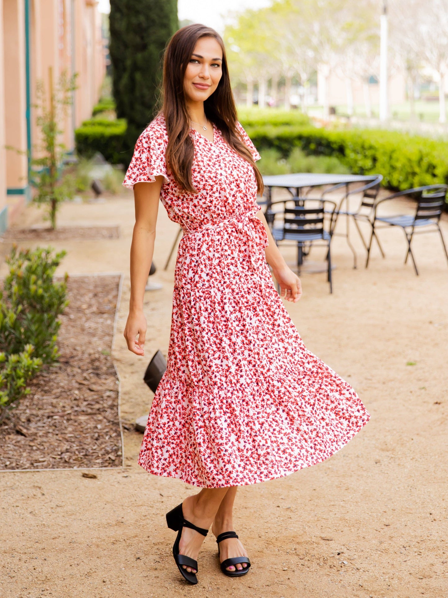 Tiered Tie Waist Stevie Dress: Floral Red Orange / Small
