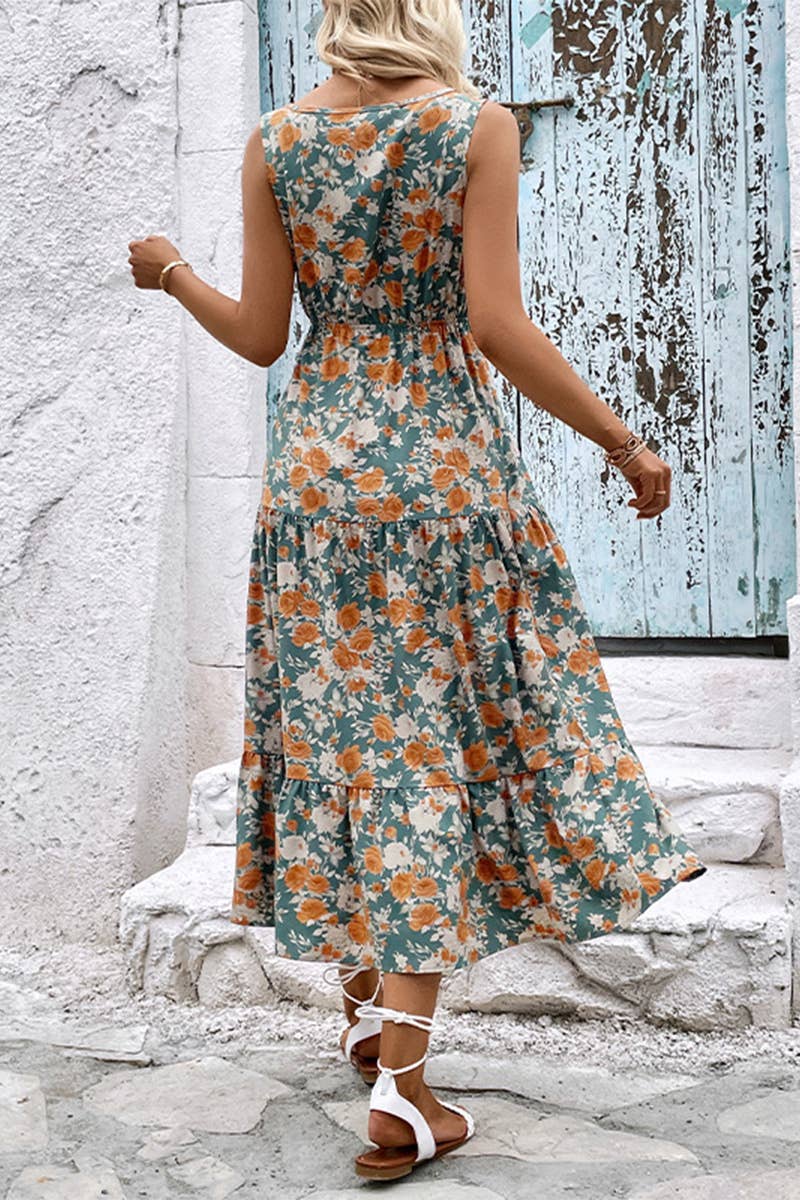 V-neck print loose high waist vest style long dress: BLUE / (L) 1