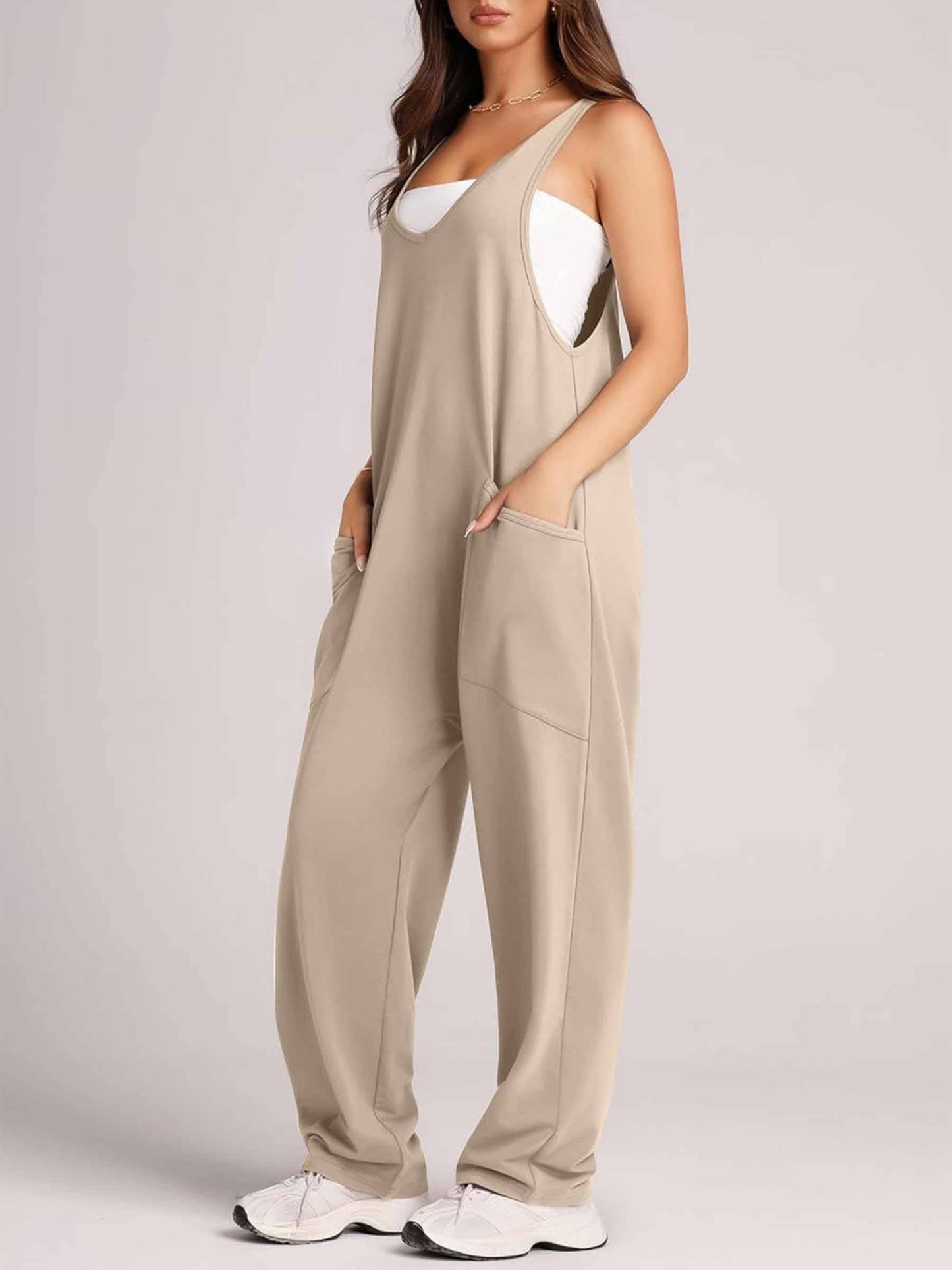 Pocket Sleeveless Knit Jumpsuit Pants: Beige / L