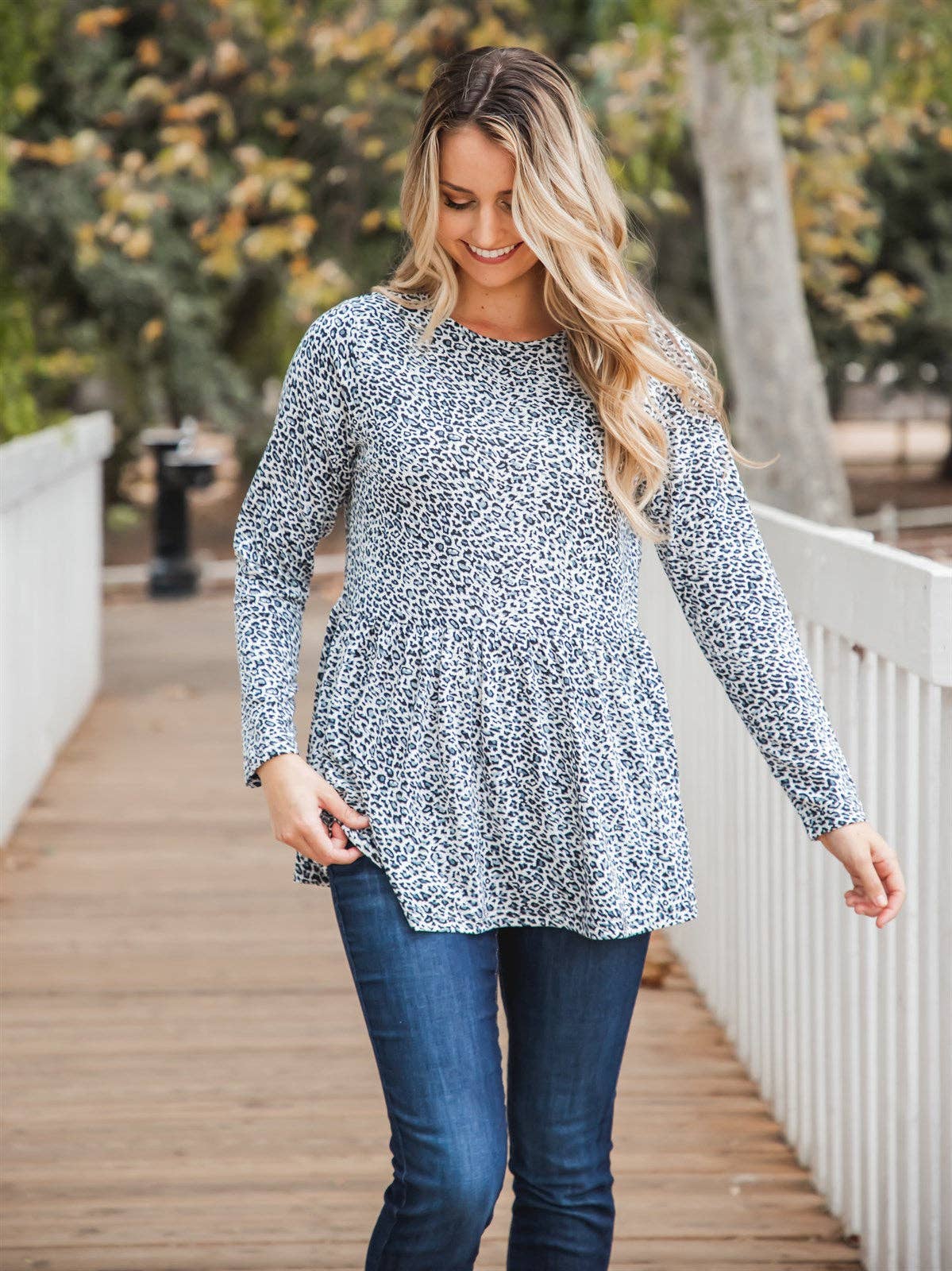 Animal Print Peplum Evelyn Top: Small Cheetah Blue / Medium