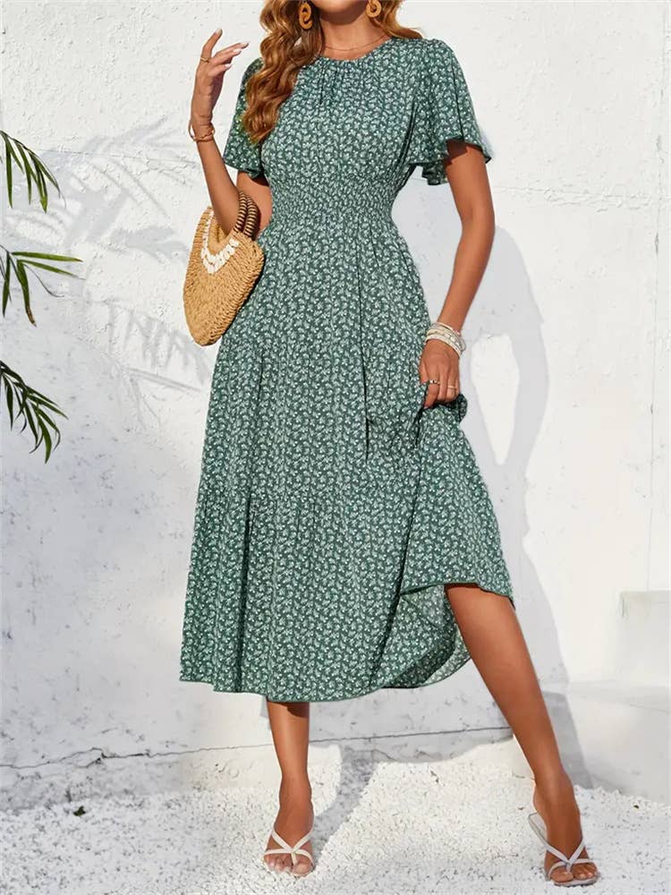 Floral dress with lotus sleeves: Green / (S) 1