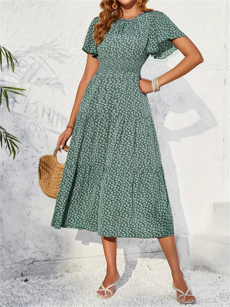 Floral dress with lotus sleeves: Green / (S) 1