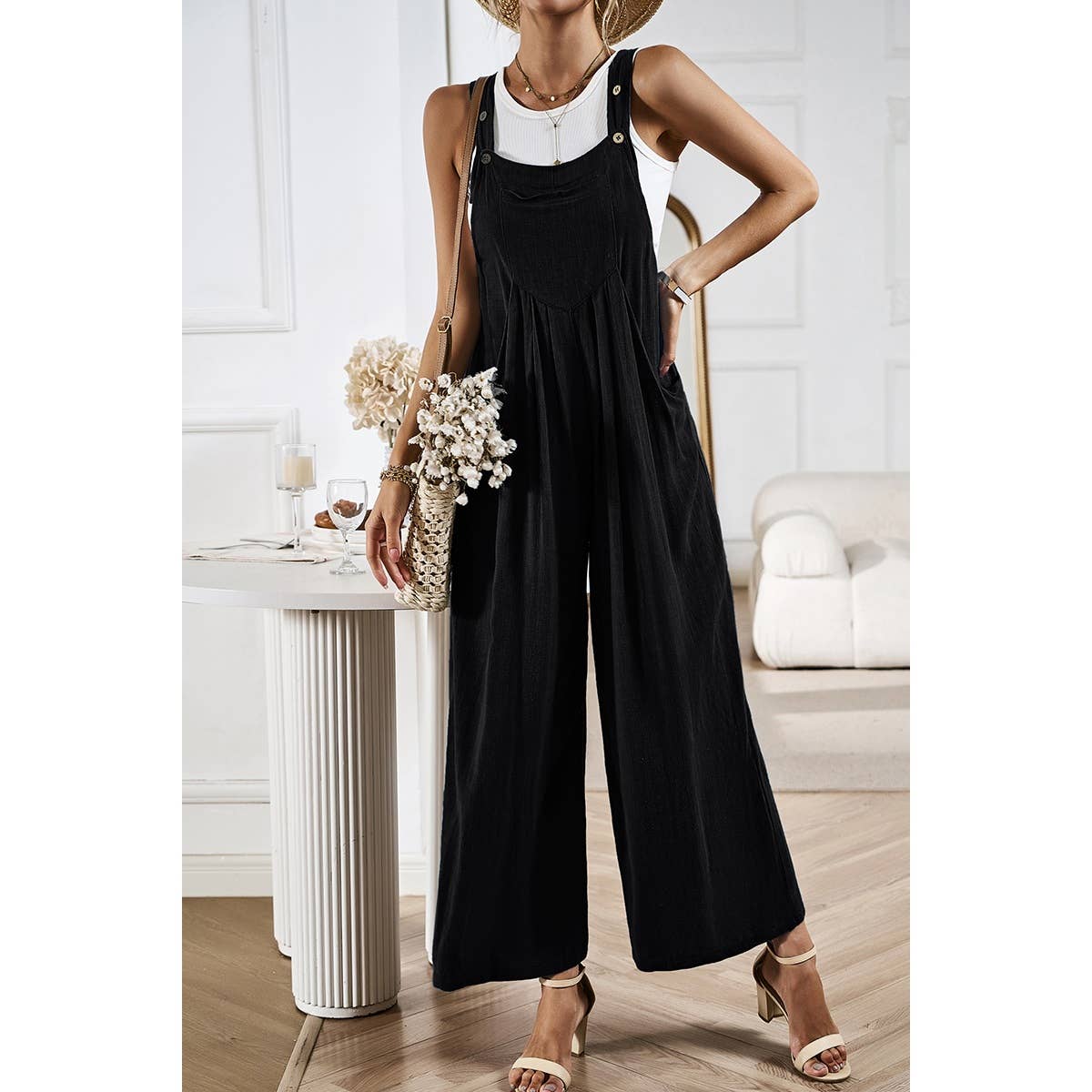 Button Detail Wide Leg Overall Pockets Jumpsuit: Rust / L
