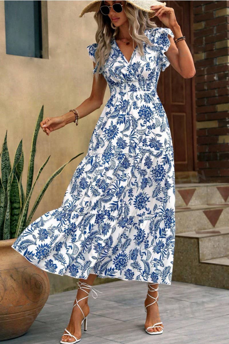 FLORAL PRINT DRESS WITH BUTTERFLY SLEEVES HEMMED: BLUE / (S) 1