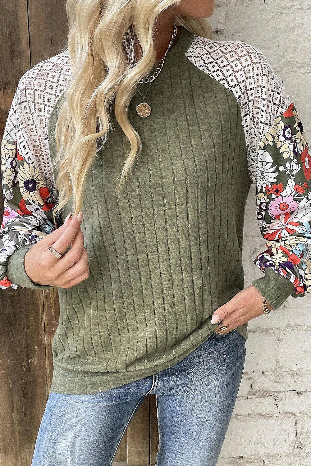 Laurel Green Floral Patchwork Long Sleeve Ribbed Blouse: Laurel Green / 97%Polyester+3%Elastane / M