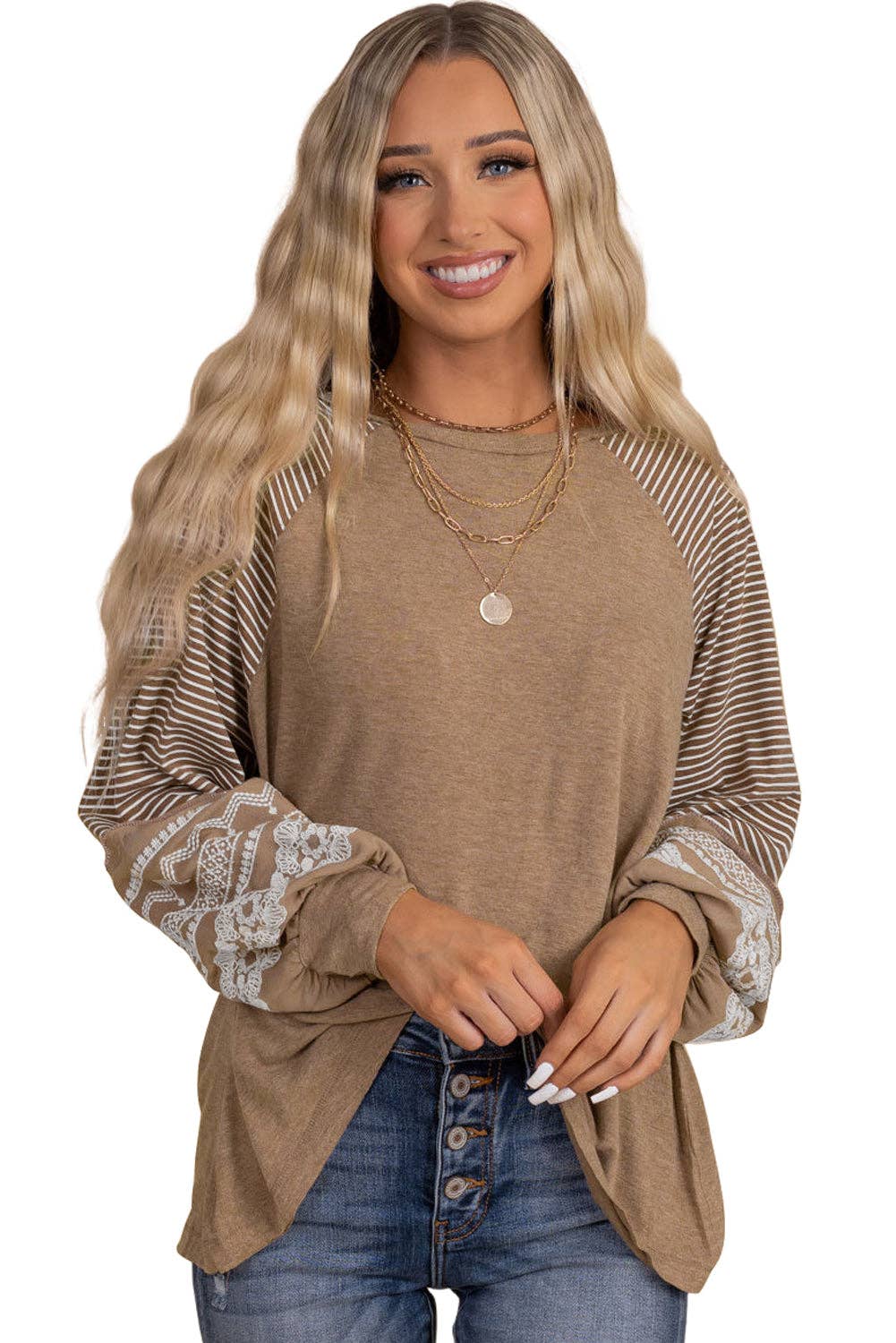 Light French Beige Floral Striped Patchwork Loose Long Sleeve Top: Light French Beige / 65%Polyester+25%Viscose+10%Elastane / M