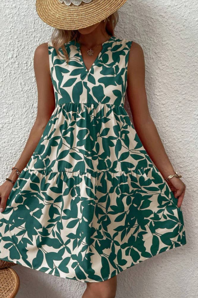 Sleeveless V Neck Flower Print Splicing Dress ZZKF764: Black / L