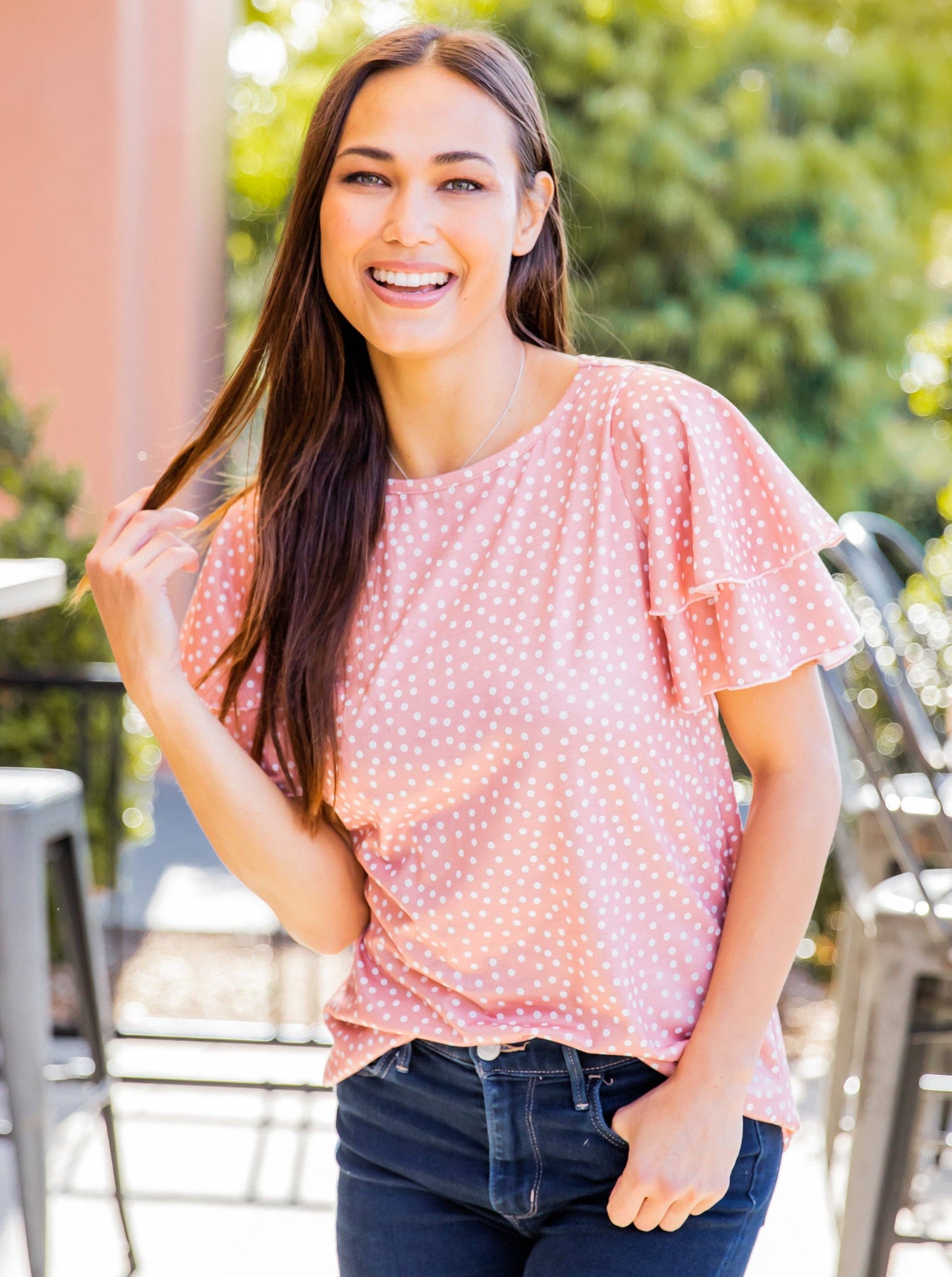 May Ruffle Sleeve Top: Dot Mint Green / Large