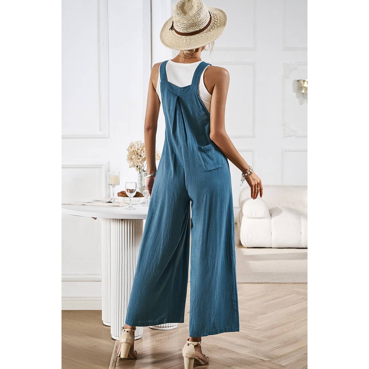 Button Detail Wide Leg Overall Pockets Jumpsuit: Rust / S