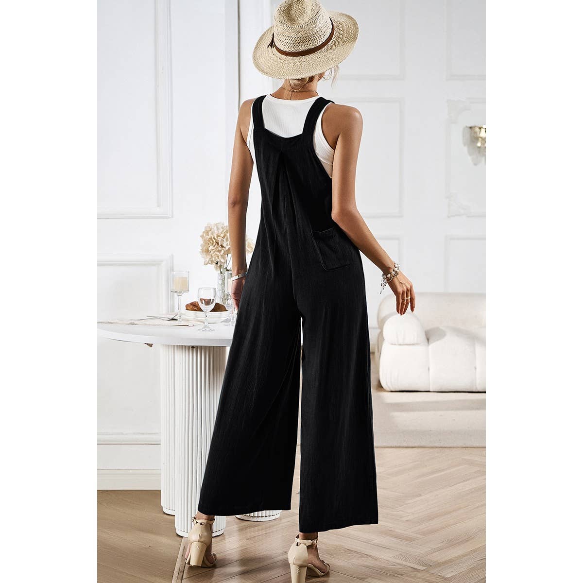 Button Detail Wide Leg Overall Pockets Jumpsuit: Rust / L