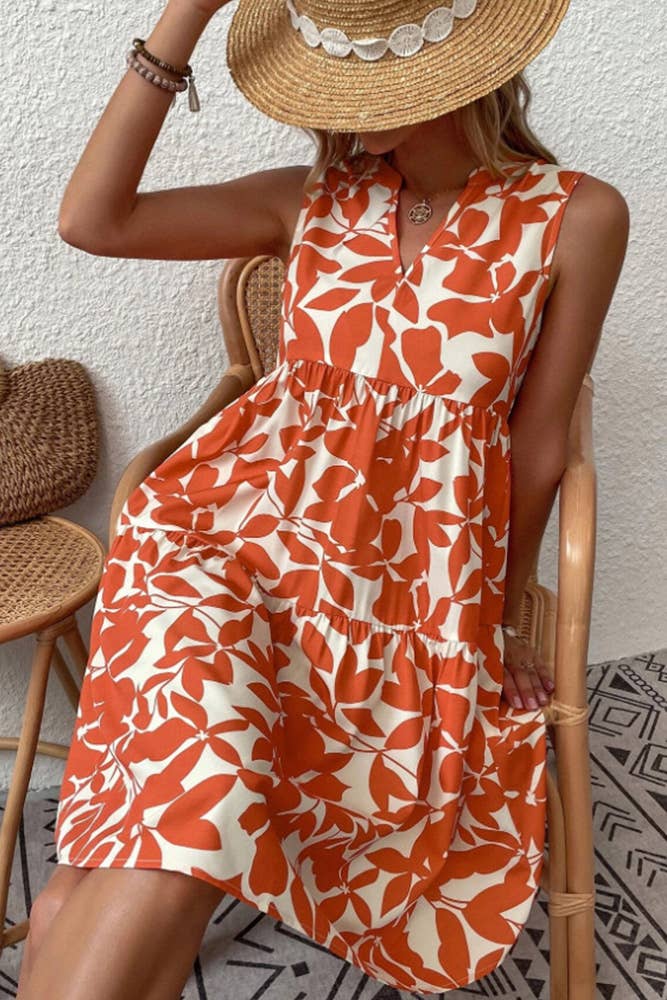 Sleeveless V Neck Flower Print Splicing Dress ZZKF764: Black / L