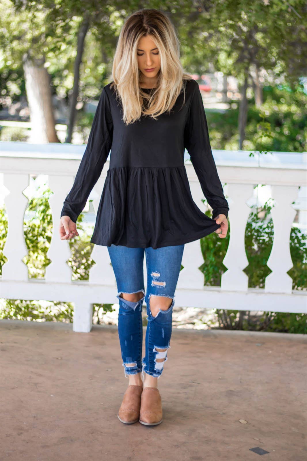 Long Sleeve Peplum Evelyn Top: Olive Green / Large