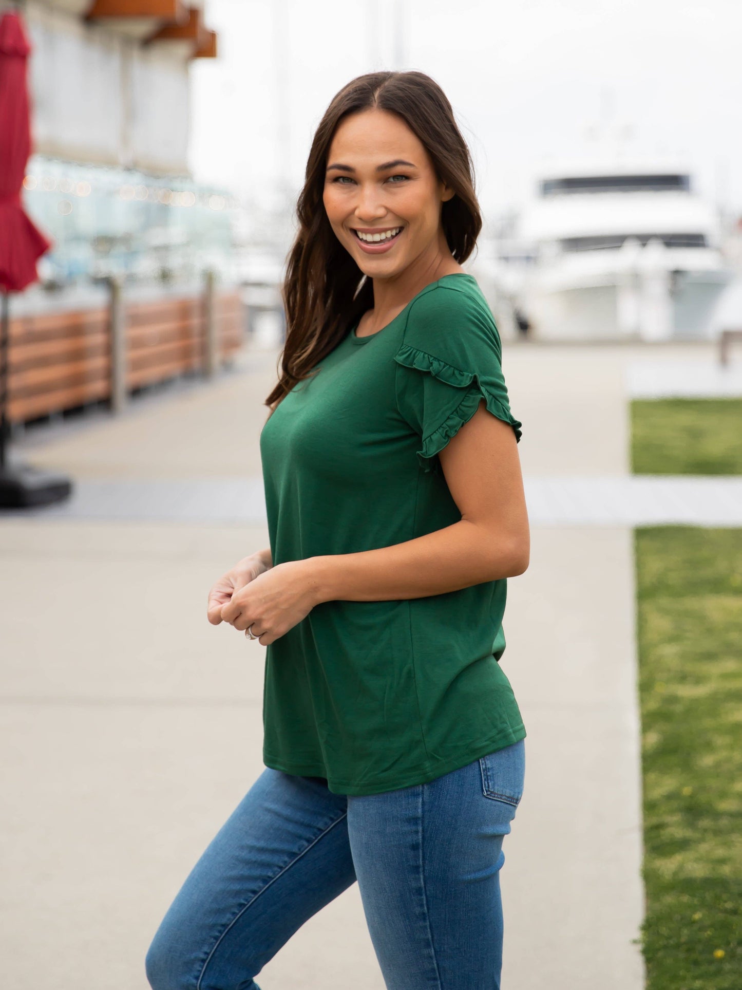 Ruffle Detail Short Sleeve Top: Tan / Large
