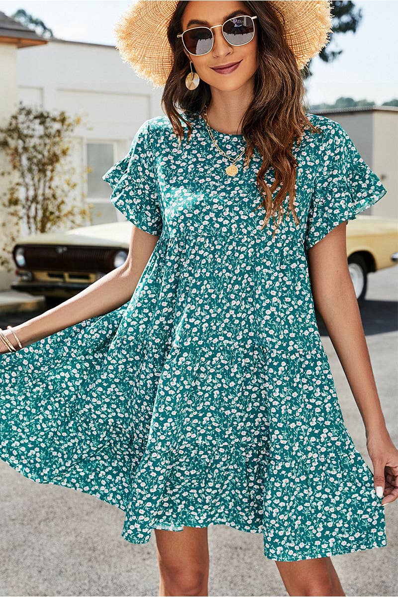 CWDSD1377_MULTI PATTERNED RUFFLE SLEEVE MIDI DRESS: GREEN / (S) 1