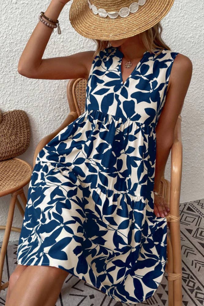 Sleeveless V Neck Flower Print Splicing Dress ZZKF764: Black / L