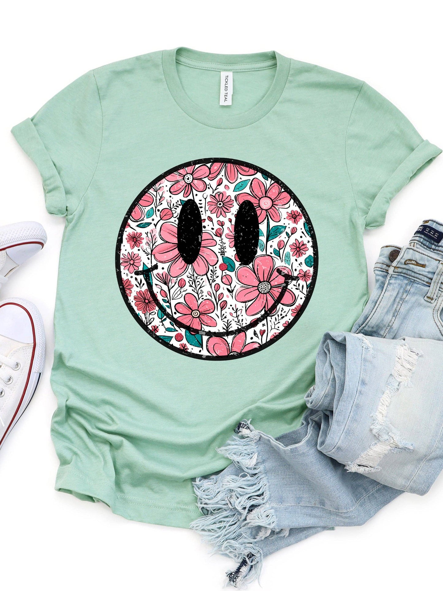 Floral Smiley - Graphic Tee: Peach / Large