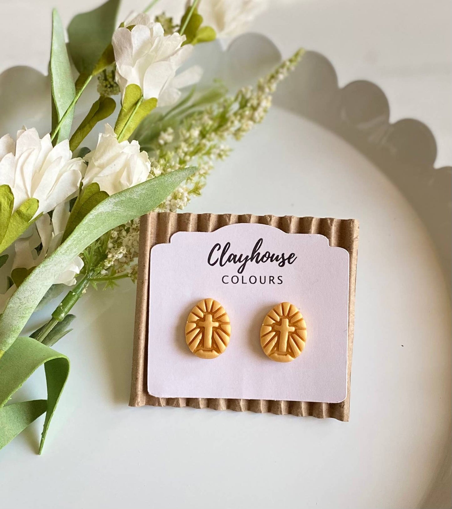 Cross Clay Studs: Pearl