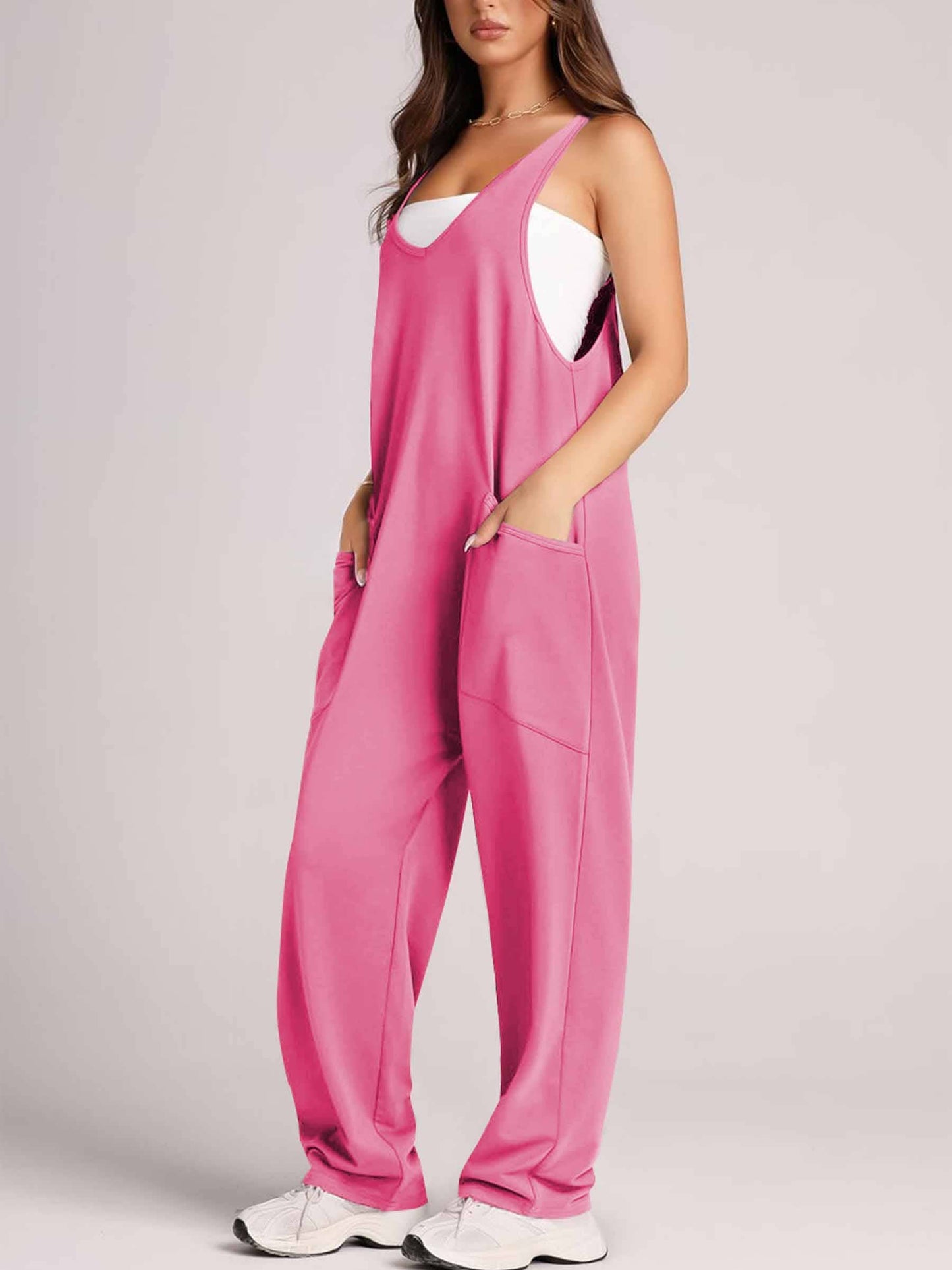 Pocket Sleeveless Knit Jumpsuit Pants: Beige / XL