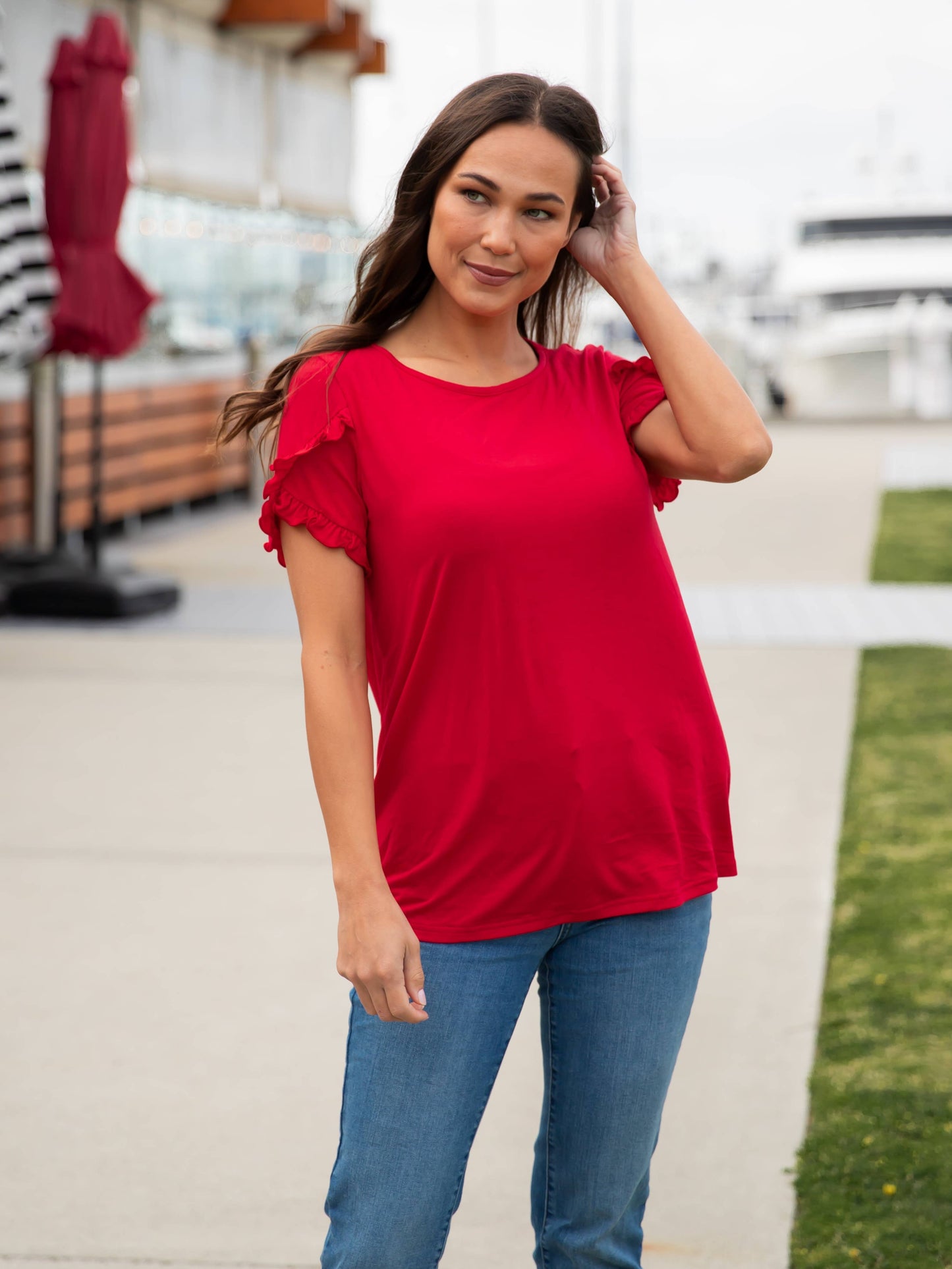 Ruffle Detail Short Sleeve Top: Tan / XL